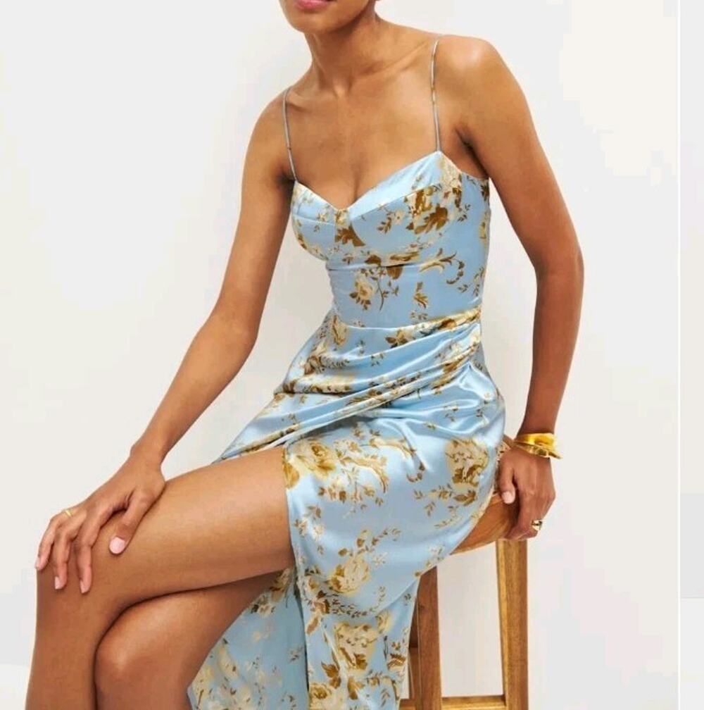 Reformation Marguerite 100% Silk Dress Womens 10 Heavenly Blue Gold Floral NWT